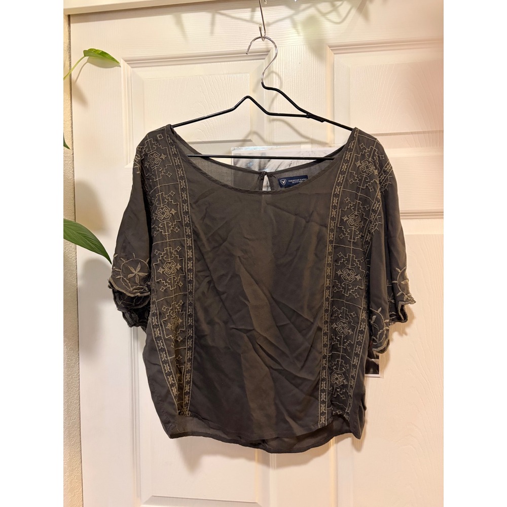 American Eagle Outfitters Olive Green Embroidered Short Sleeve Blouse